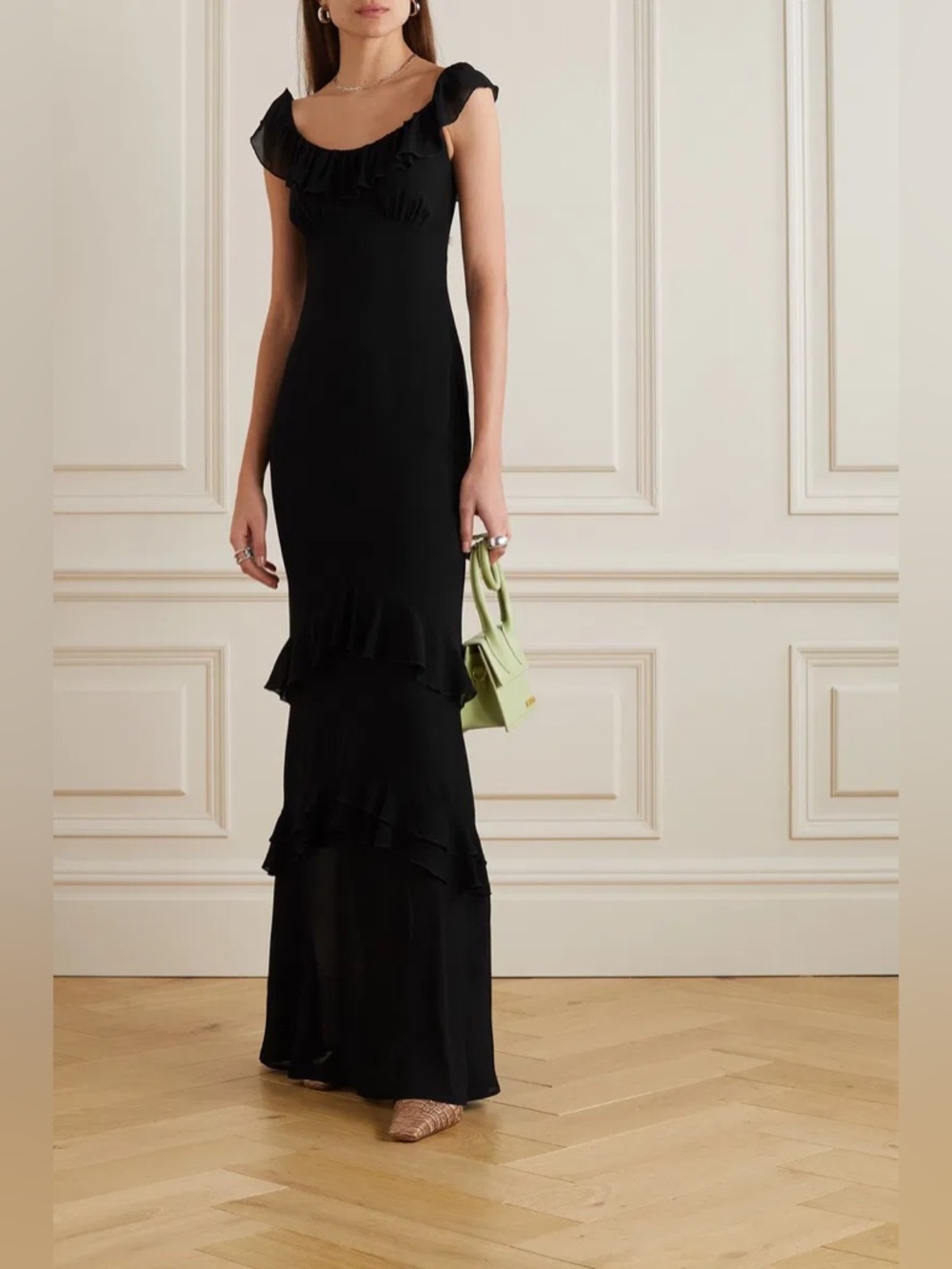 NEW Reformation Tripoli Dress Black Maxi Ruffle Tiered Cap Sleeve Fitted Gown 2 - Picture 11 of 11